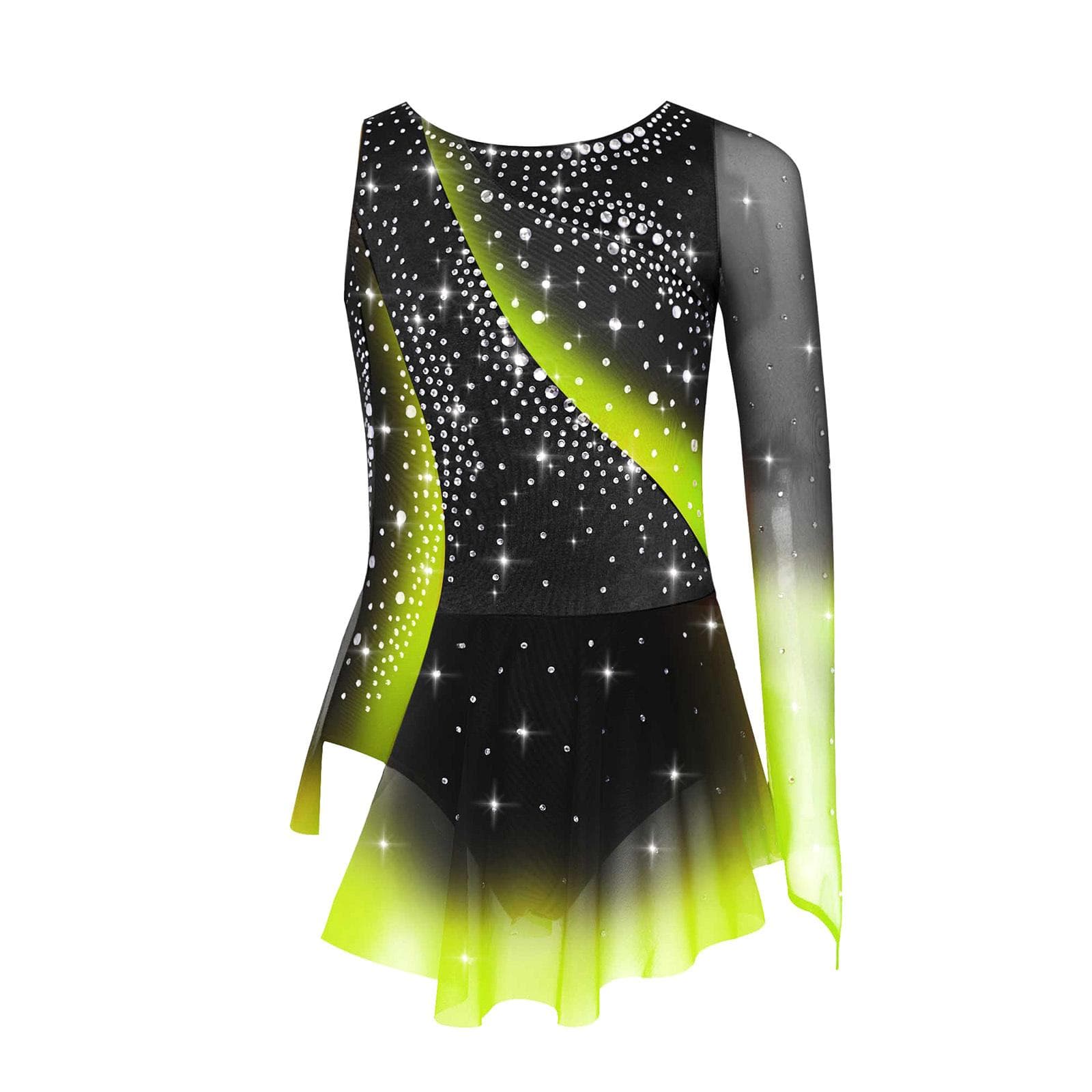 Kids Girls Rhythmic Gymnastics Dress Round Neck Asymmetrical Split Shiny Rhinestones Contrast Color Skirt 13-14 Years yellow