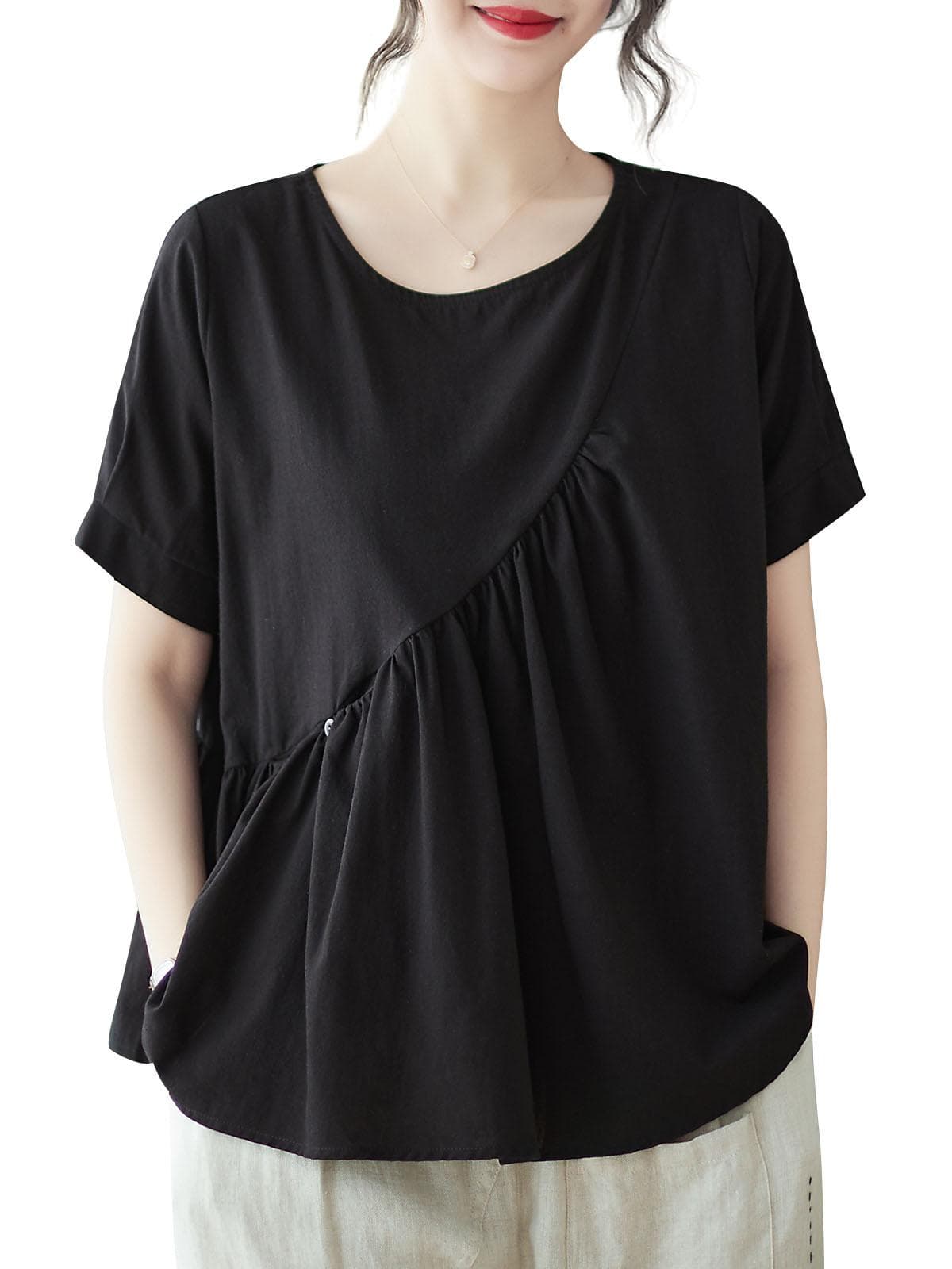 Women Loose Blouse Short Sleeved Flared Vintage Holiday T-Shirts One Size black