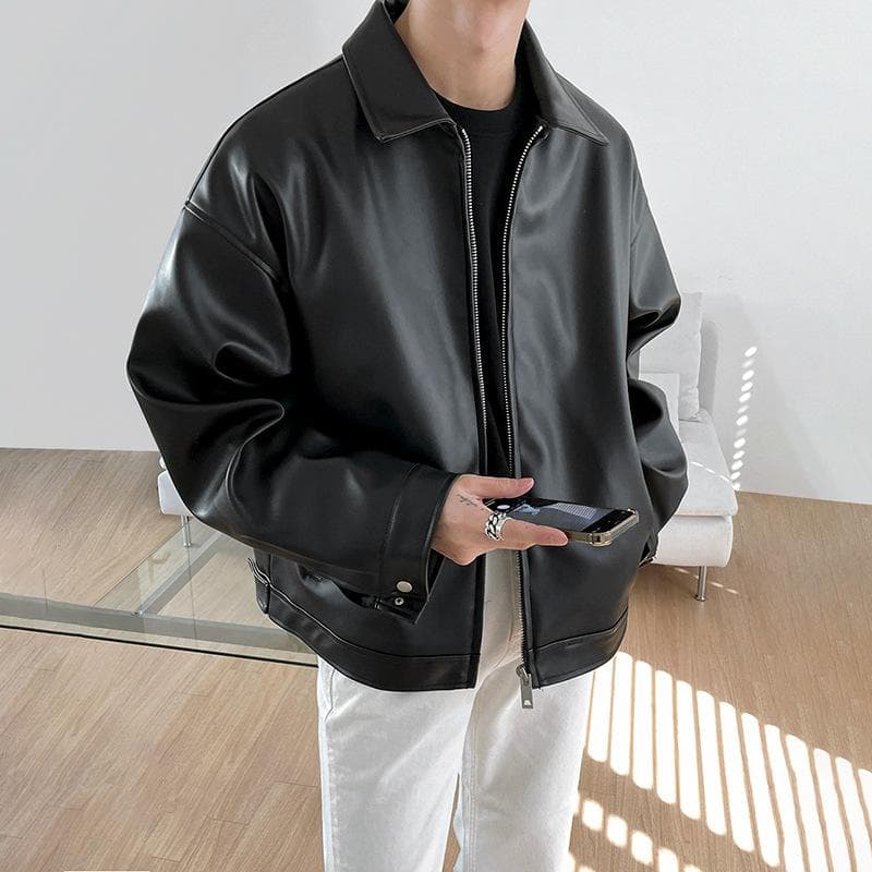 Leather Jacket Men's New Spring Trend Korean Style Pu Leather Casual Lapel Baseball Jacket XL black