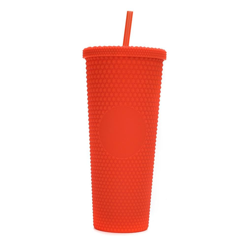 710ML/24OZ Large Capacity Water Cup Fully Studded Matte Tumbler Reusable Plastic Cup with Wide Opening Leak-Proof Lid Straw orange