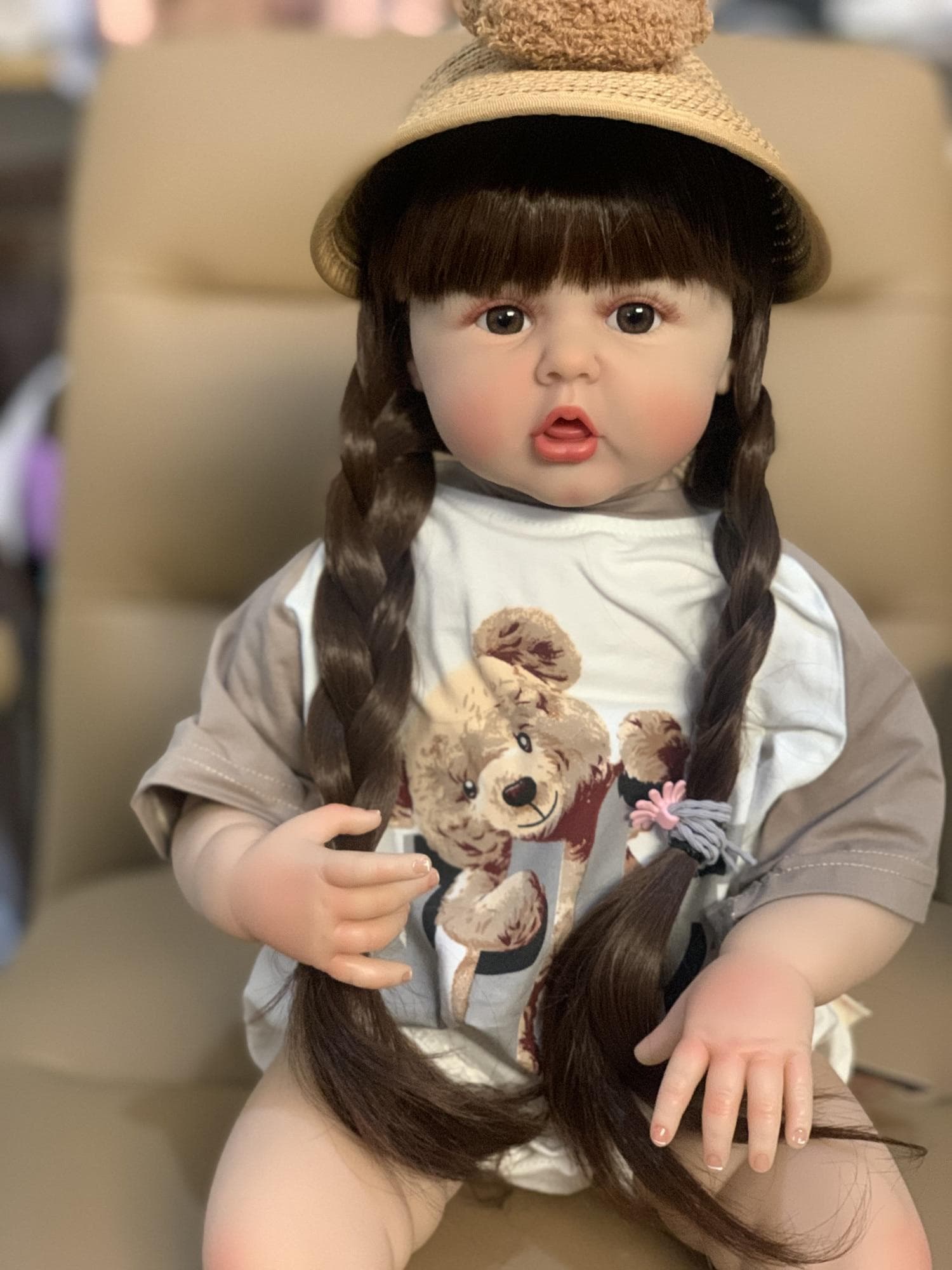 Cute Silicone Reborn Doll Brown Hair 60cm Toy for Girl Vinyl Princess Baby with Cloth Body Bebe Christmas or Birthday Gift