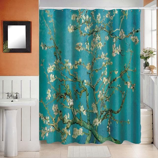 Rural Landscape Creek Stone Lotus Buddha Shower Curtain Bathroom Curtain Fabric Waterproof Polyester Bathroom Curtain with Hooks 180*200CM