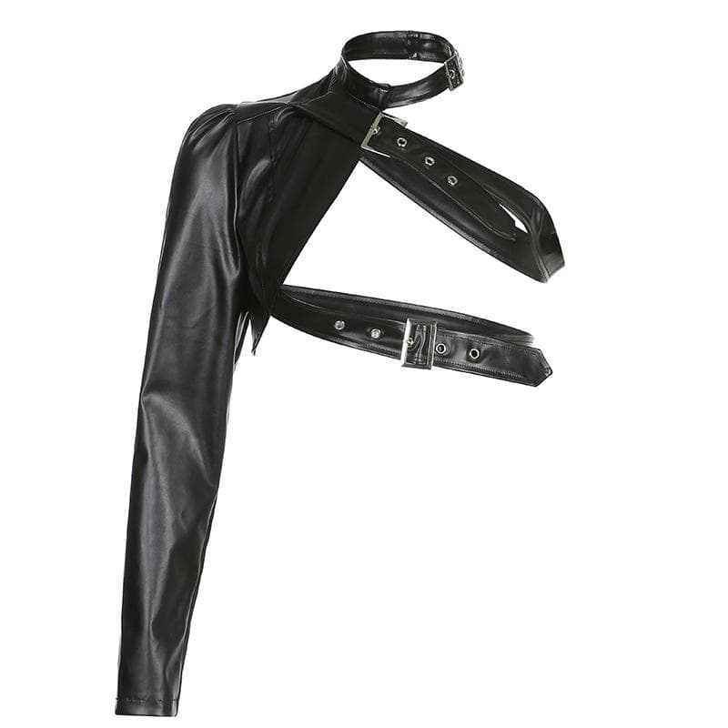European and American Women Irregular Metal Buckle Hanging Neck PU Leather Unilateral Sleeve Leather Jacket M black