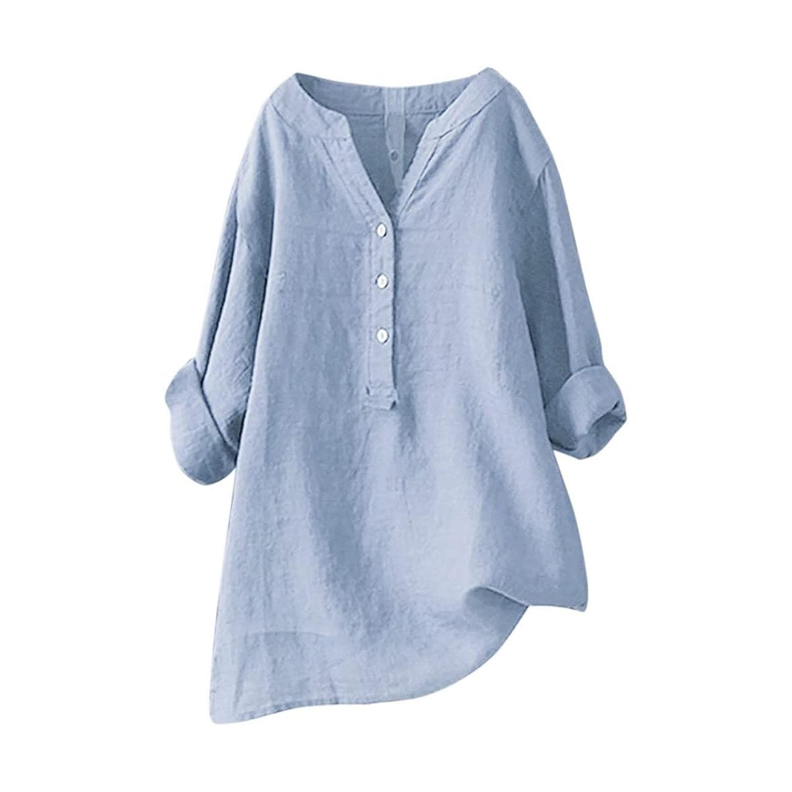 Women Solid Stand Collar Long Sleeve Shirt Casual Loose Blouse Button Down Tops S sky blue