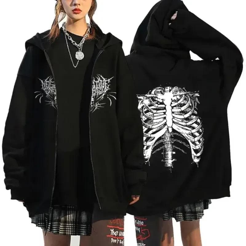 Gothic Style Heart Print Hoodies Women Fleece Zipper Hoodie Harajuku Streetwear Sweatshirts Loose Casual Y2K Zip Up Jacket XL