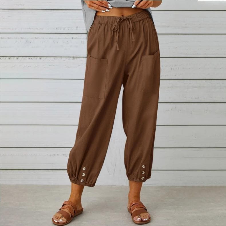 Summer Women's Pants Loose High Waist Button Cotton Linen Pants Nine-point Pants Wide Leg Pants XL brown