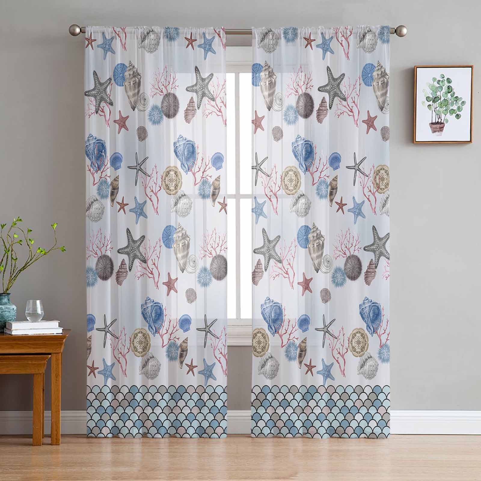 Sea Shells Starfish Scales Window Curtains For Living Room Bedroom Kitchen Chiffon Sheer Window Treatment 135W x 114H(cm)