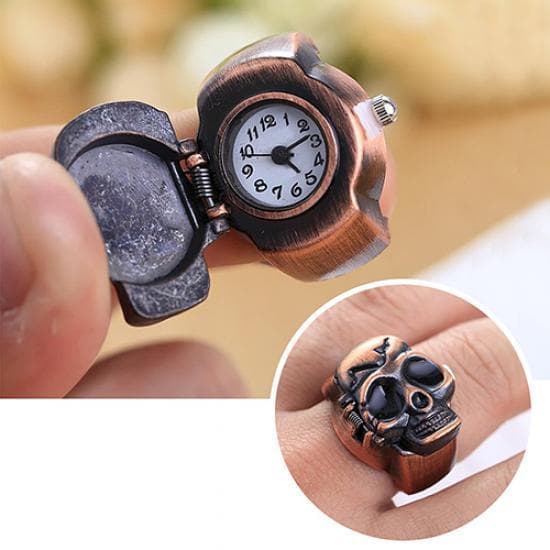 Men's Vintage Skull Finger Ring Watch Cool Punk Quartz Clamshell Ring Watch one size