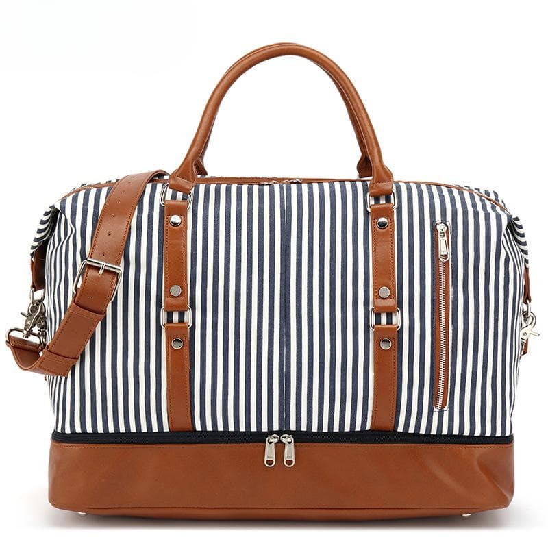 Striped Waterproof Canvas Carry-on Bag Single Shoulder Travel Bag with PU Travel Bag for Sports Wear Belt Shoe Storage
