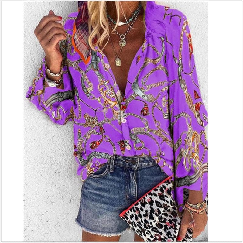 Women's Autumn/Winter Multi-Color Chain Print Stand Collar Long Sleeve Shirt 5XL purple