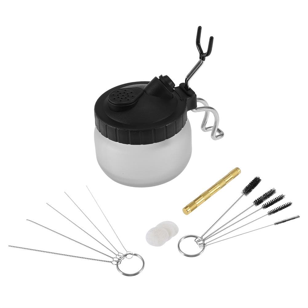 Airbrush Cleaning Pot Holder Paint Jar Bottle Clean Needle Nozzle Brush Set