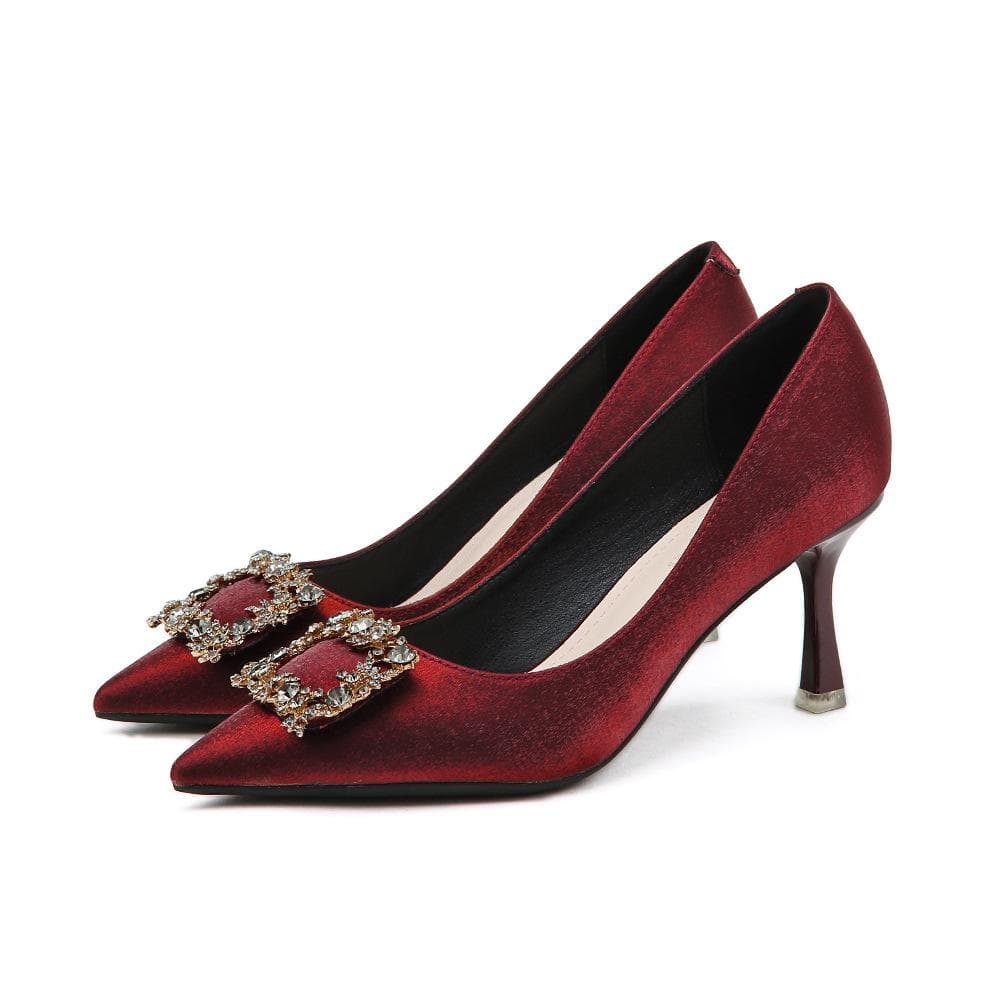 New Pointed Stiletto Heel Low-Cut Rhinestone Square Buckle Red Wedding Shoes Nude Color Banquet High Heels 34 red