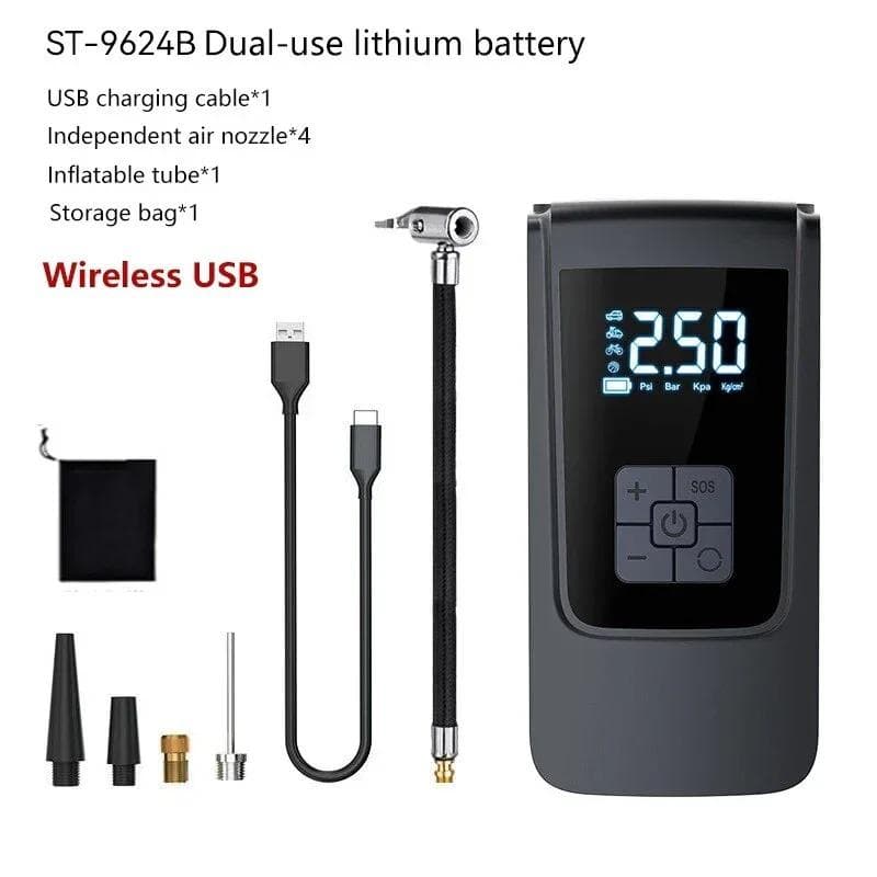 2024 New Portable 150PSI Wireless Air Pump 4000mAh Large Capacity Powerful Inflatable Air Compressor with LED Light HD Digital Display Wireless USB black