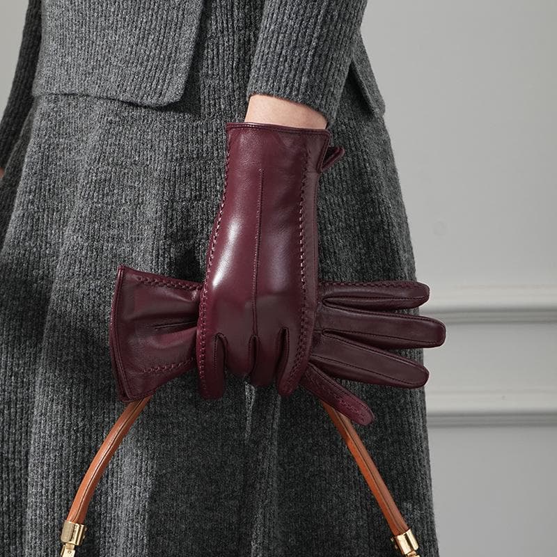 Sheepskin Leather Gloves for Women Winter Fleece-lined Thickened Touch Screen Warm Driving and Biking Simple Windproof Trendy Gloves M wine red