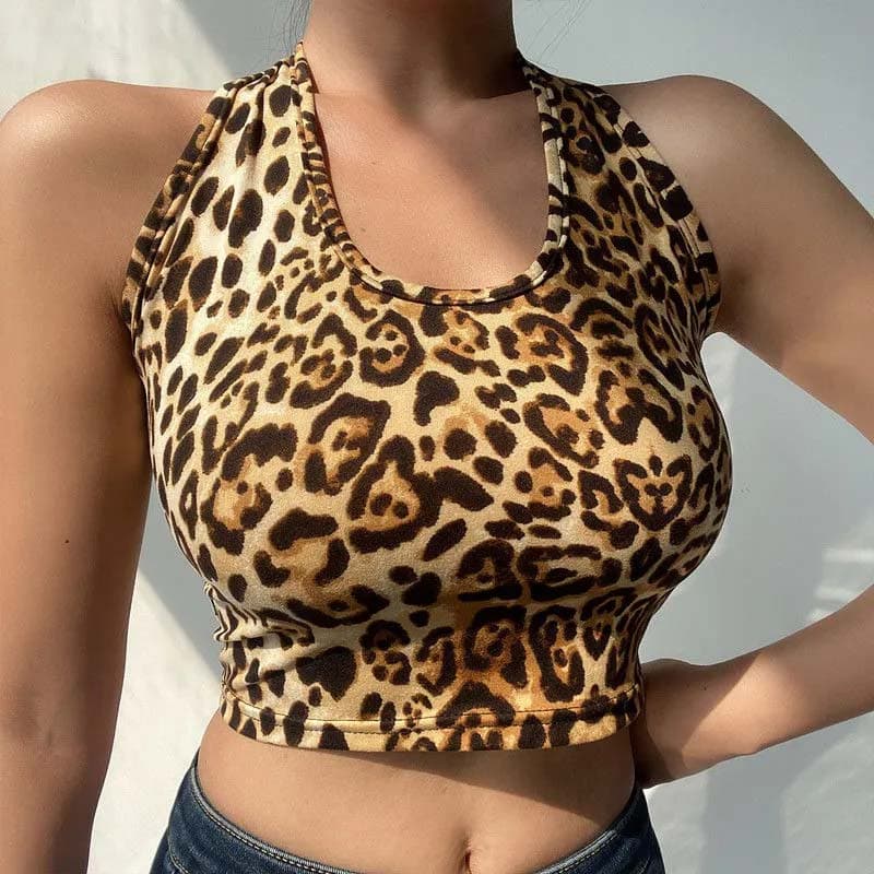 Ladies Short Sexy Crop Top Leopard Print Halter Neck Small Camisole Women's High Waist Open Back Tube Top Trend Steetwear Tank Top Sleeveless Pullover S yellow