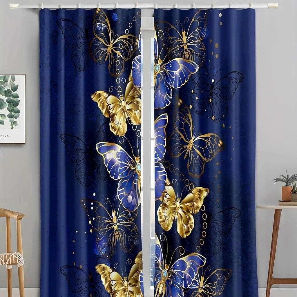 2pcs Golden Peacock Curtain Study Room Kitchen Living Room Dorm Rod Pocket Top Window Drapes Bedroom Accessories Home Decor W100xH240(CM)x2PCS-Rod pocket