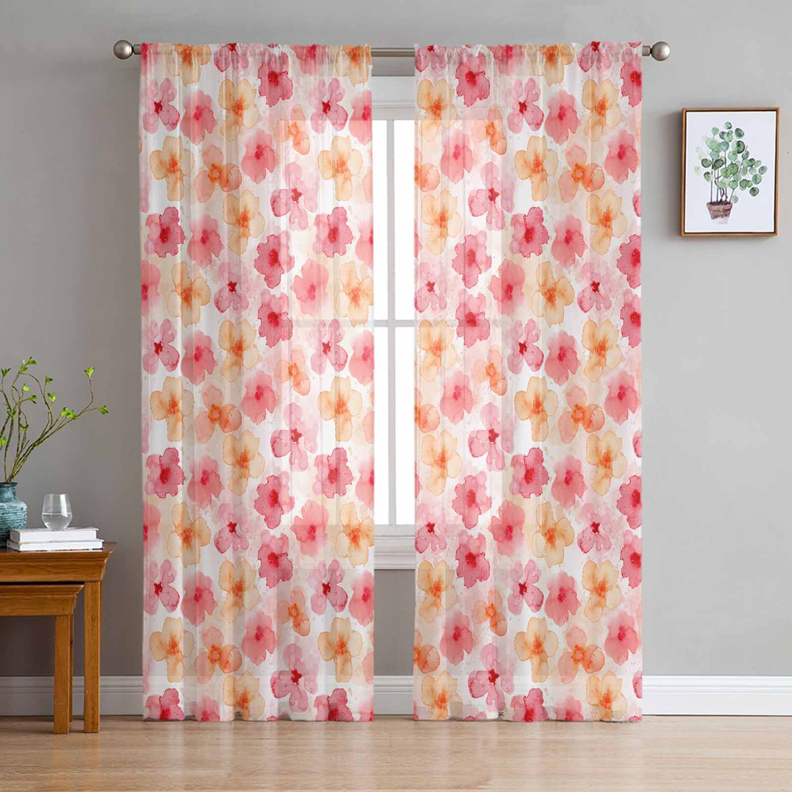 Pink Yellow Watercolor Floral Texture Window Tulle Curtains for Living Room Bedroom Hotel Luxury Decoration Sheer Curtains 135W x 114H(cm)