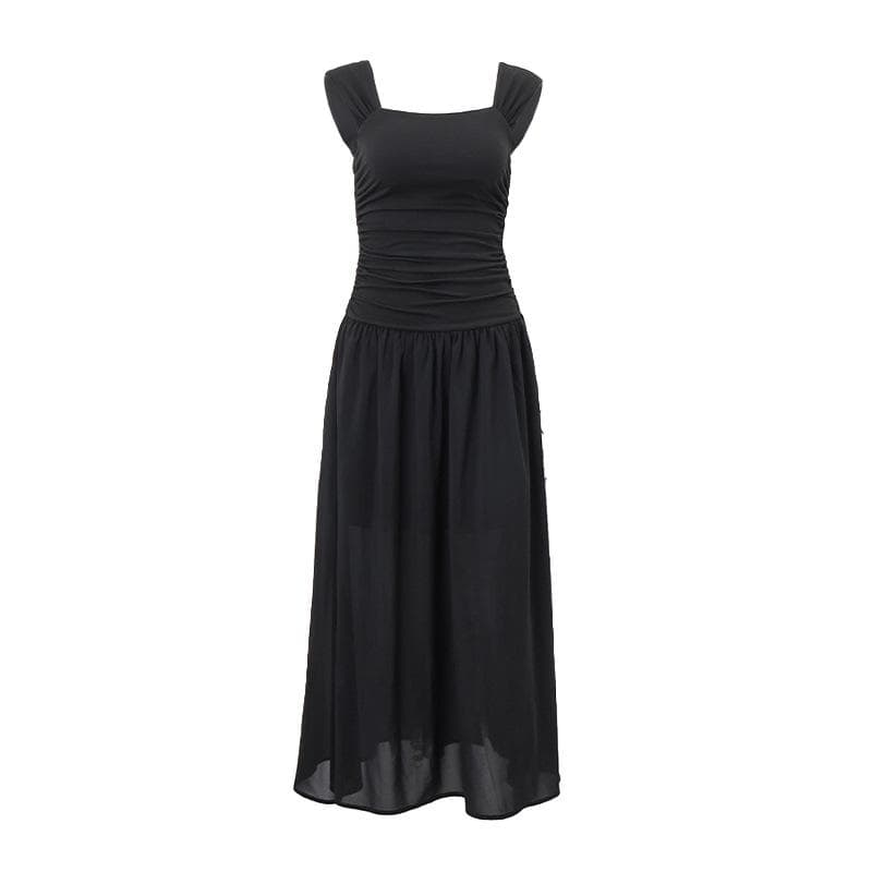 Mery Elegant Slip Long Dresses Sexy Women Ruched Bodycon Solid Maxi Dress Spring Y2K Summer Temperament High-waist Vestidos S black