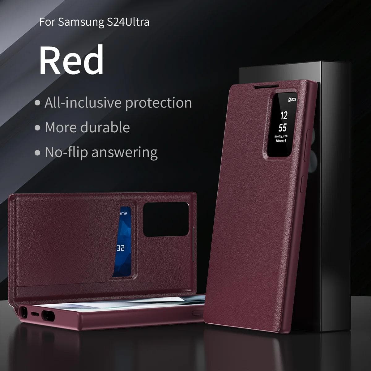 Leather Card Pocke Case for Original Samsung Galaxy S25 Ultra S24 S23 S22 S-View Flip Smart Display LED Transparent Window Cover For S23plus red