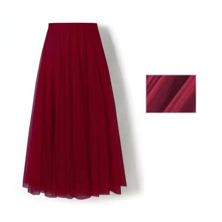 New Women Mesh Elastic Tutu Skirt Beach Spring Summer Korean High Waist Fashion Pleated Long Skirt Black White Tulle Skirts 80cm claret