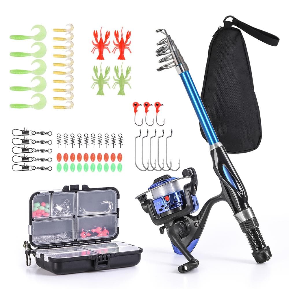 Blusea Fishing Rod Reel Combo Full Kit 1.5m Telescopic Fishing Rod Spinning Reel Set with Hooks 1.5m blue