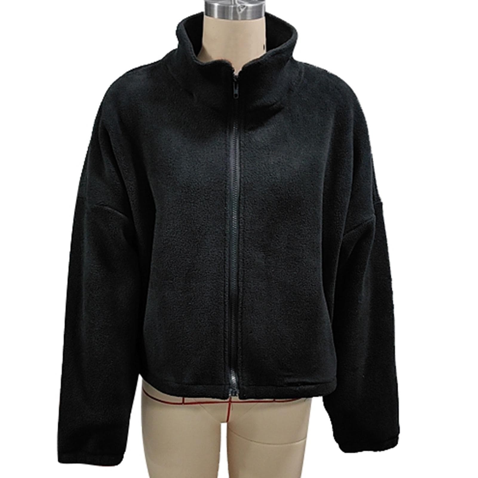 Women Soft Fleece Jacket Zipper Closure Stand Collar Hem Drawstring Casual Overcoat with Pocket S(for 2-4kg) black
