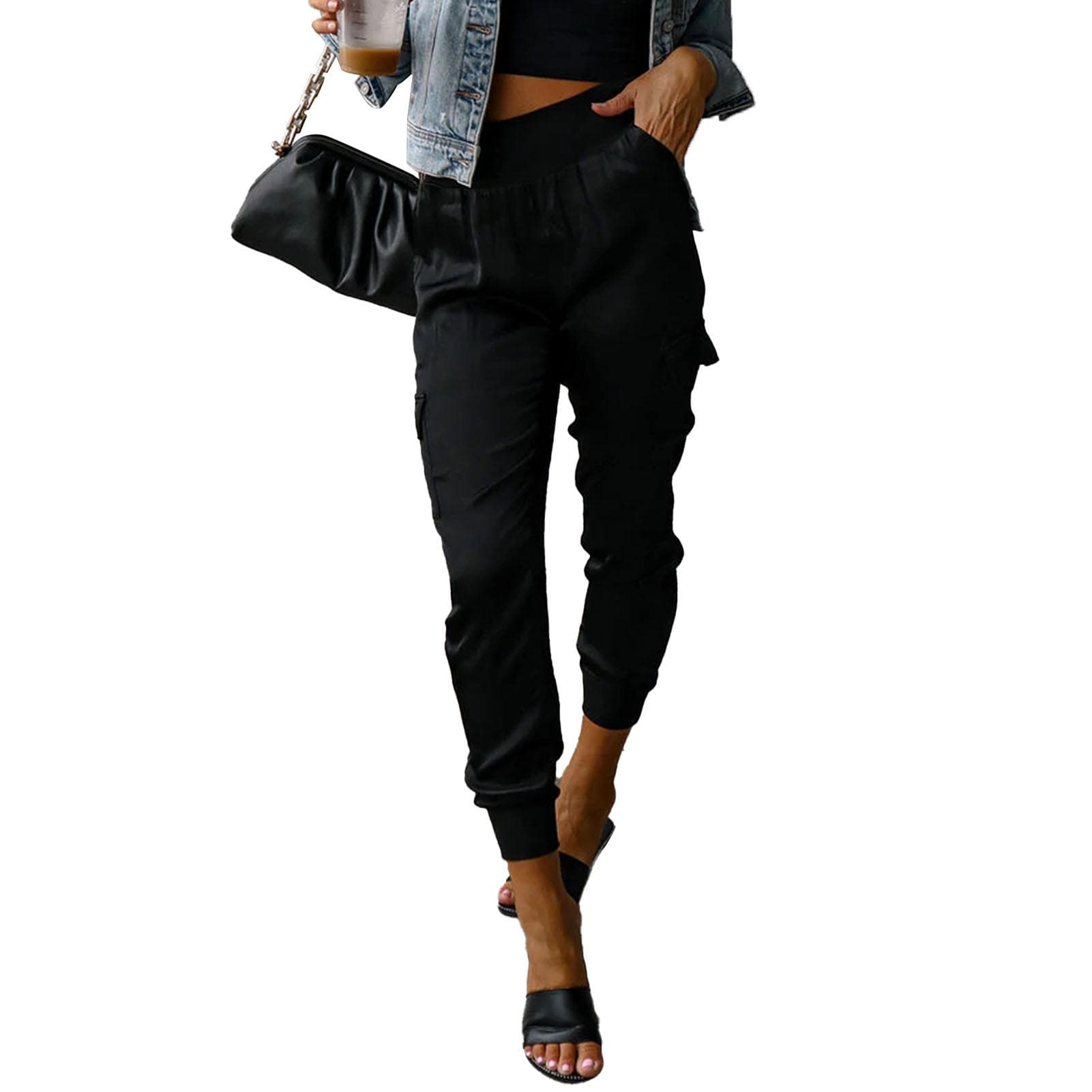 Women Satin Joggers Elastic High Waist Multiple Pockets Casual Tapered Ankle Pants Black XL XL black