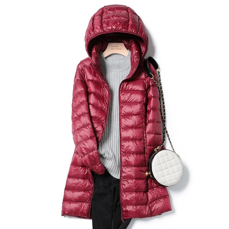 Women Fall Winter Stand Collar Hooded Solid Color Zipper Long White Duck Down Jacket S-7XL 3XL burgundy