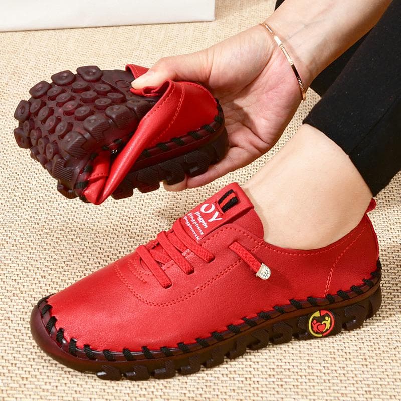 2024 New Spring Casual Women Shoes Platform Loafers  Lace Up Leather Flats Slip-On Mom Shoe 36 red