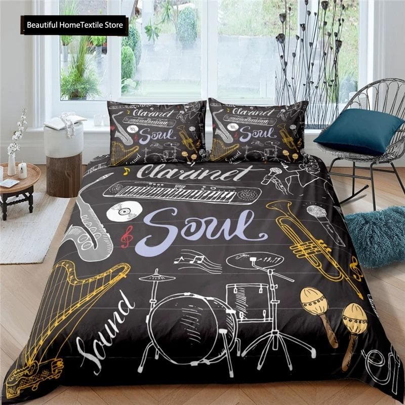 3d Music Notes Guitar Duvet Cover Set For Teens Adults Bedroom Decor Music Bedding Sets Fashion Hip Hop Comforter Cover US Twin 173x218cm