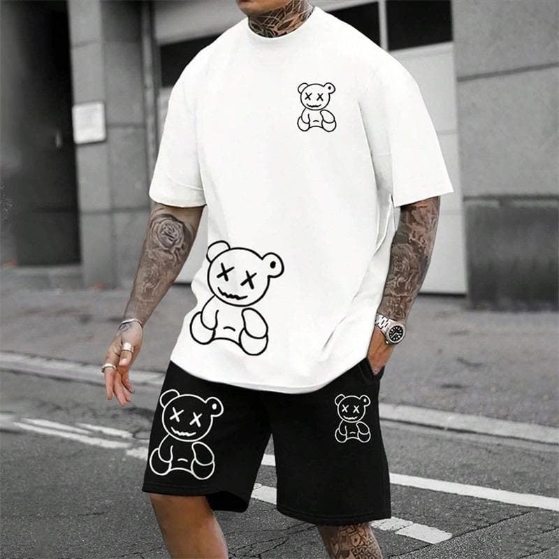 2025 Fun Bear Harajuku T-Shirt Men's Summer Loose Daily Couple Suit Outdoor Street Short Sleeve Shorts Two Piece Men Summer Suit S
