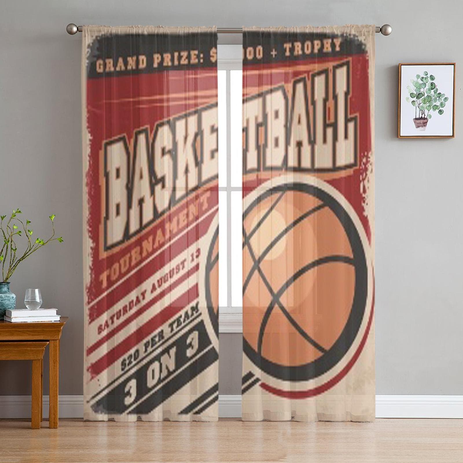 Retro Basketball Poster Design Chiffon Sheer Curtains for Living Room Bedroom Kitchen Decoration Window Voiles Tulle Curtain 135W x 114H(cm)