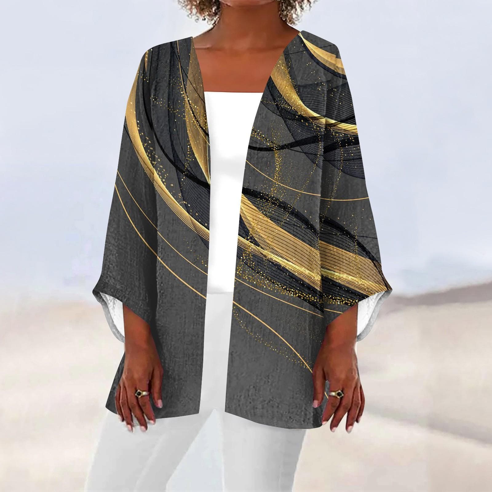 Women's Casual Fashion Printed Lightweight Mid-length Jacket Cardigan S gold