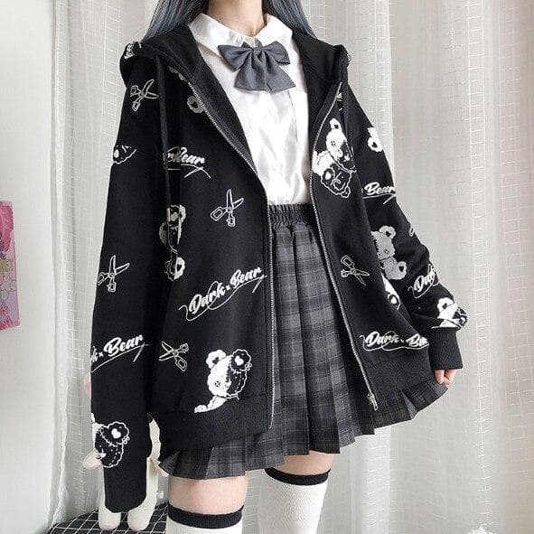Autumn Winter Dark Lazy Wind Scissors Bear Print Jacket Female Tide Ins Korean Loose Sweater L black