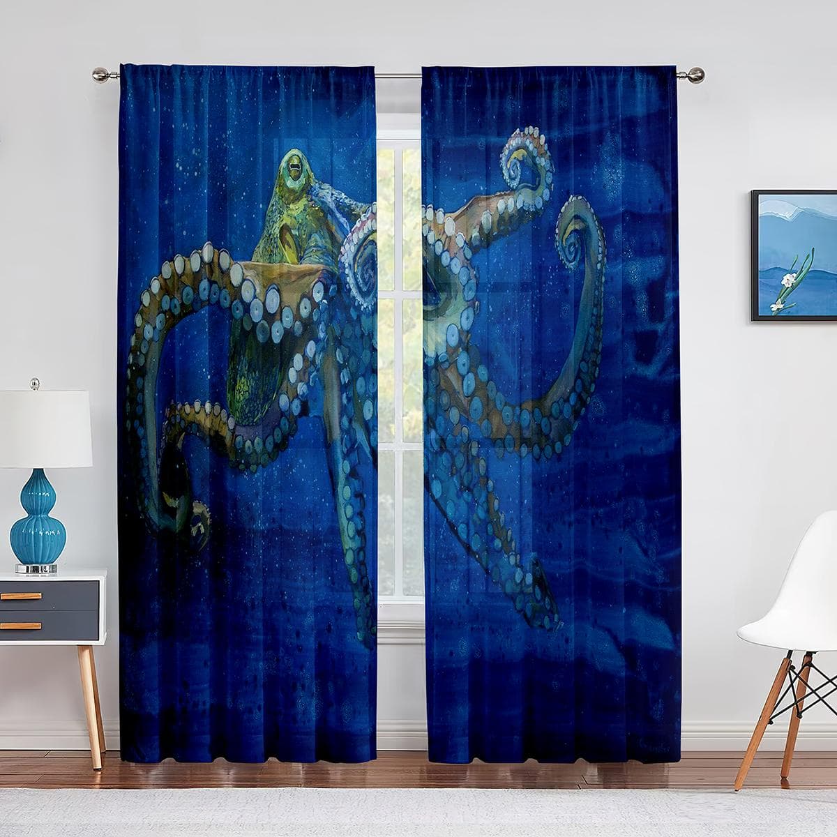 Ocean Kraken Blue Octopus Tentacles Marine Life Tulle Curtains for Living Room Bedroom Sheer Voile Window Curtains Party Drapes 1 PCS W250XH250cm&Grommet Top