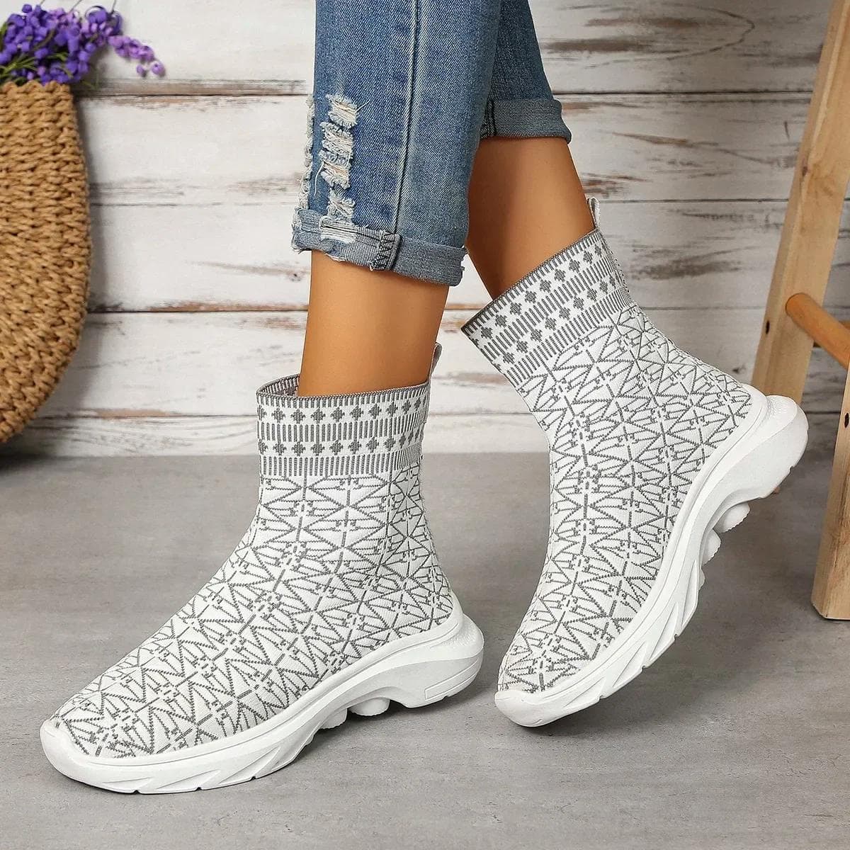 Chunky Platform Boots for Women Autumn Slip-On Elastic Knitted Ankle Boots Woman Mid-calf Boots Sock Shoes Size 43 37 gray