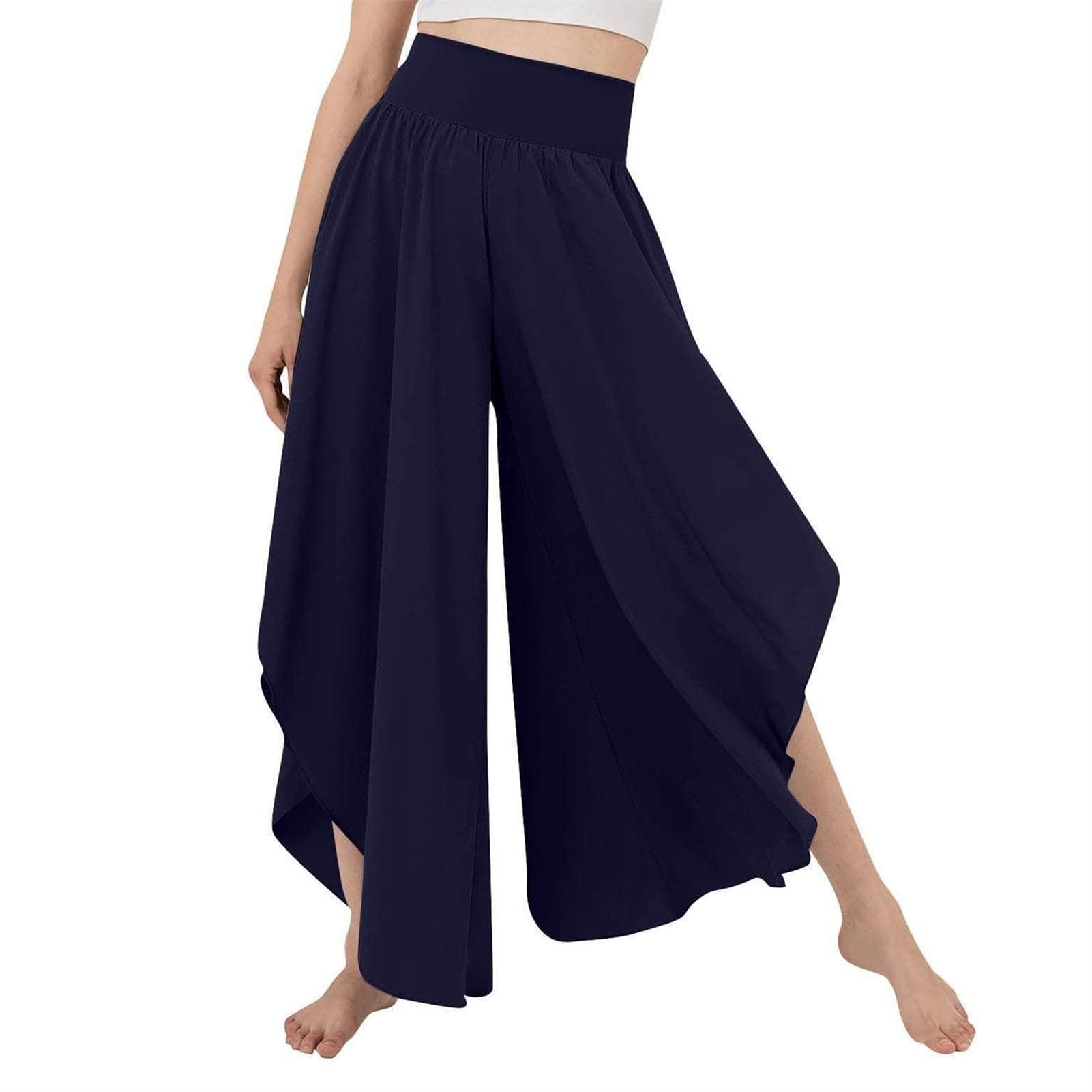 Wide Leg Pleated Pants Plain Color Casual Fitted Asymmetrical Hem Long Pleated Pants for Women Lady M(for 4-6.5kg) blue