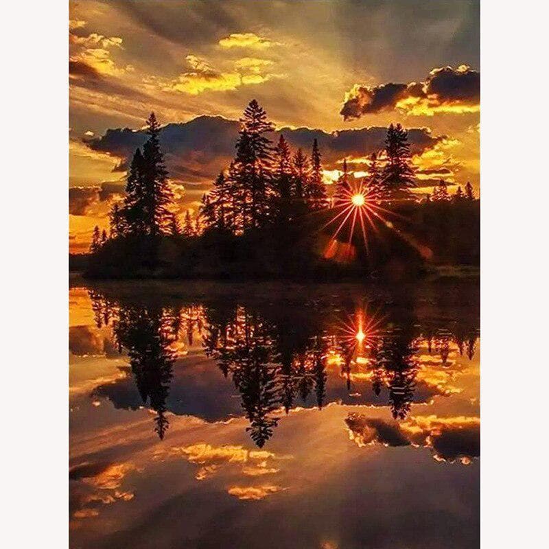 5D DIY Diamond Painting Cross Stitch Full Round Diamond Embroidery Landscape Sunset Lake Home Decor 20X30CM