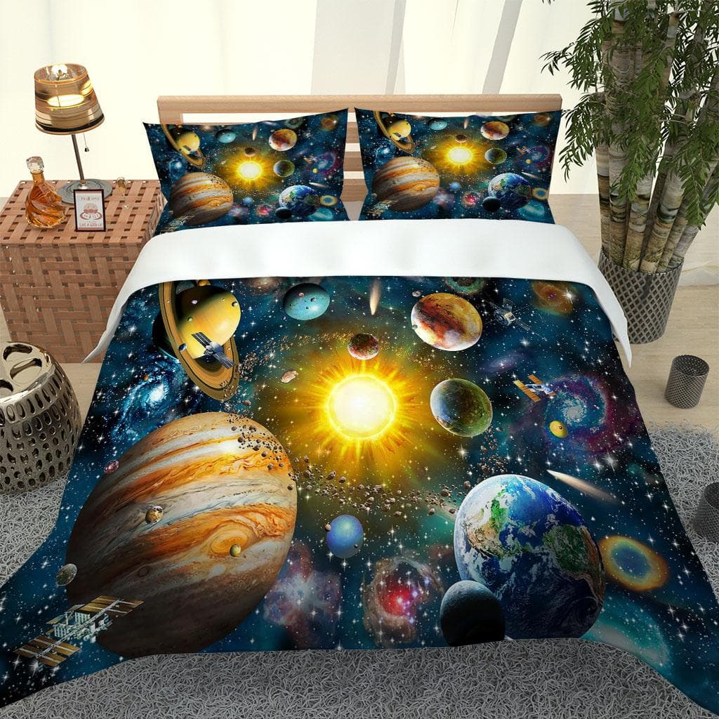 Cosmic Solar System Planet 3D Bedding Set For Kids Boys Girls Quilt Set 1 Duvet Cover And 2 Pillowcases Soft Single Double W200xL220cm