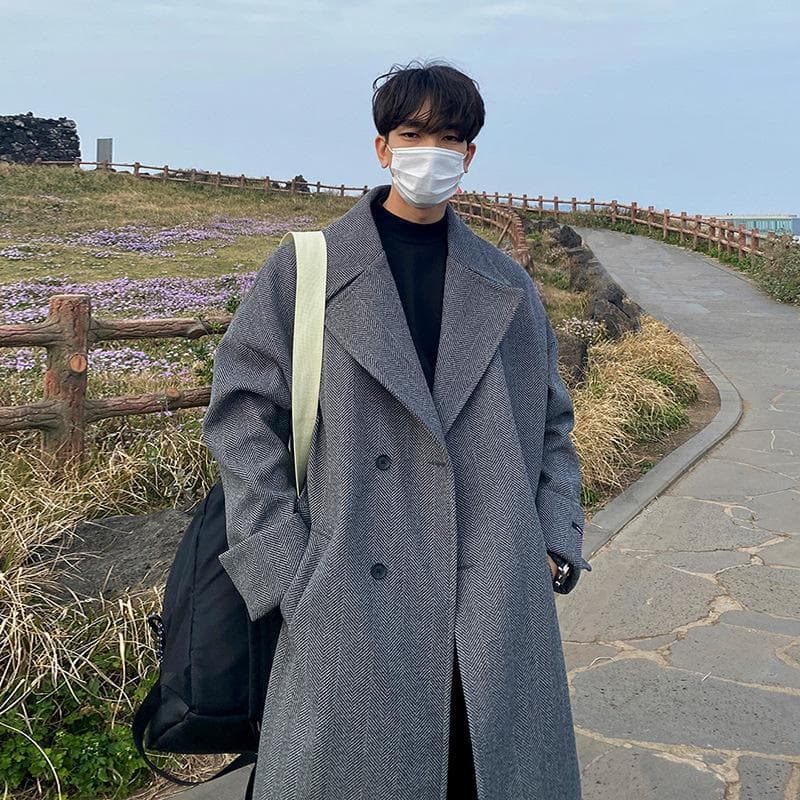 Herringbone Coat Men's Mid-length Korean Style Trendy Over-the-knee Windbreaker Men's Thickened Casual Loose Coat L grey