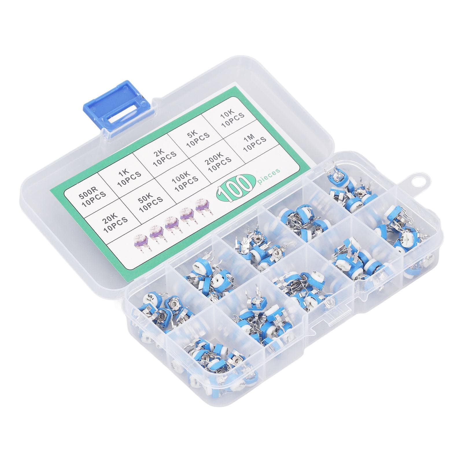 100 Pcs Variable Resistor 10 Values 500R To 1M RM065 Blue White Trimmer Potentiometer Assortment