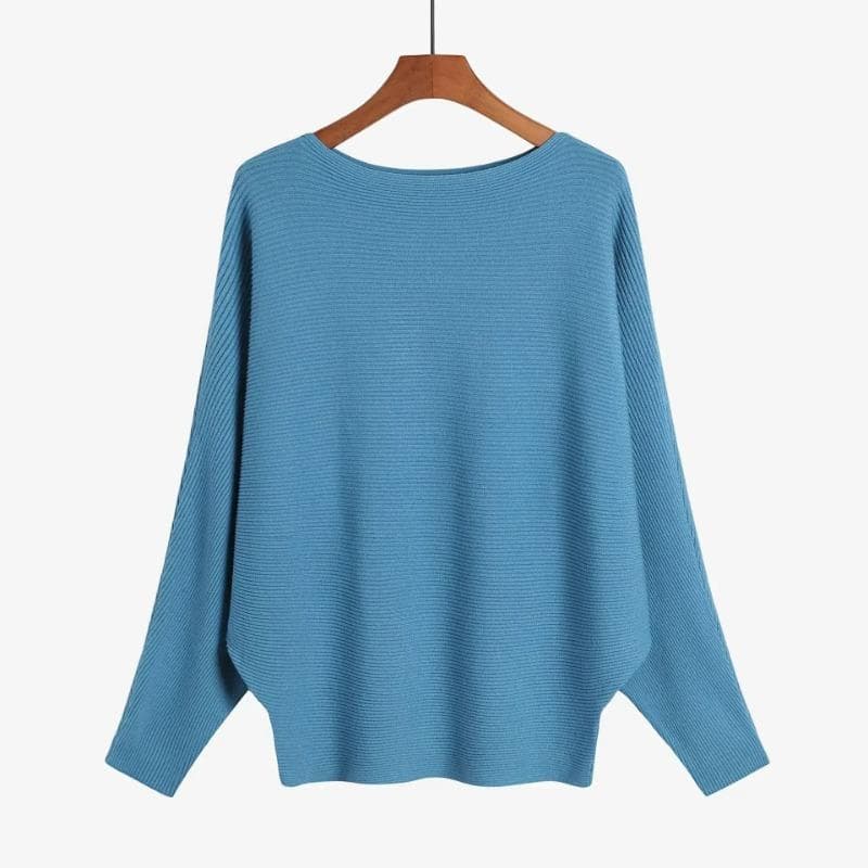 Autumn Batwing Long Sleeve Knitted Sweater Casual Slash Neck Solid Warm Pullover Fashion 18 Colors Loose Jumpers Tops 29626 One Size blue