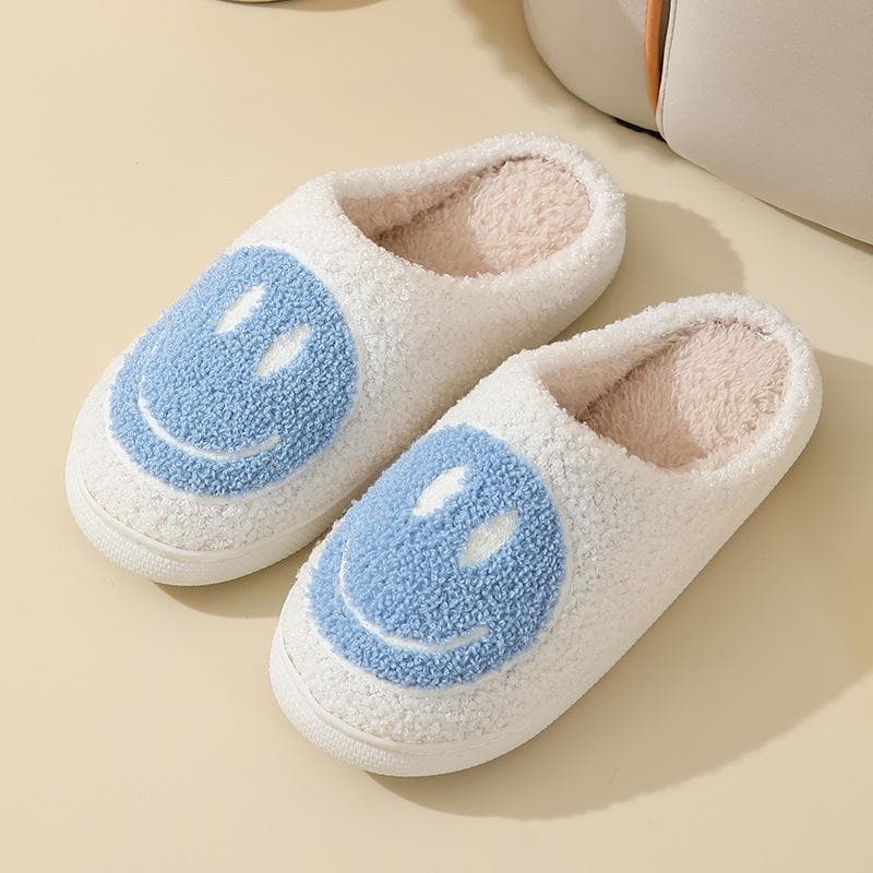 Cartoon Smiley Face Cotton Slippers - Women's Non-Slip Indoor Warm Slippers for Autumn and Winter Size 36-37 (Fits size 35-36) light blue