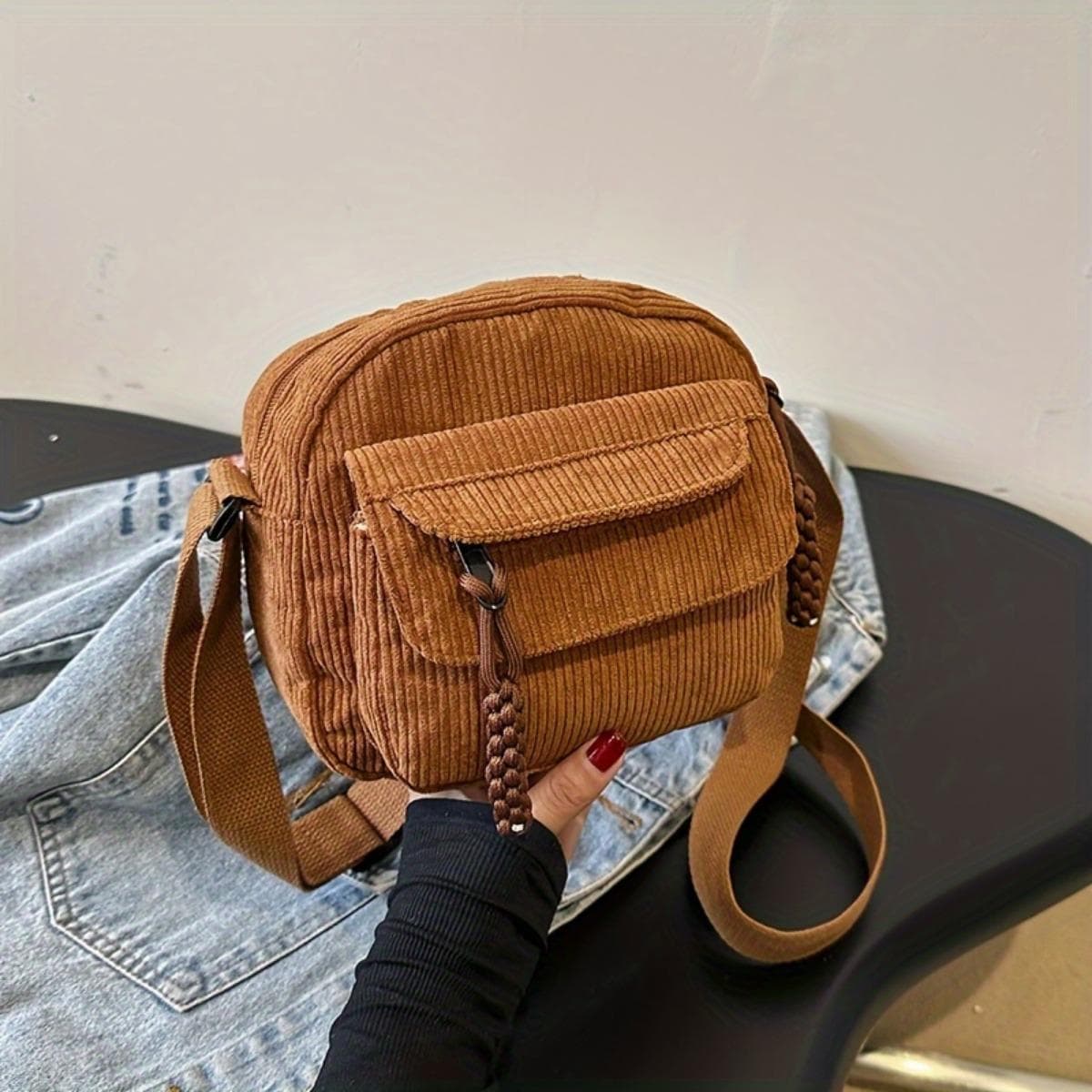 Vintage Harajuku Corduroy Women's Crossbody Bag, Casual Japanese Style Shoulder Tote with Zipper Closure, Solid Color, Polyester Lining, Hand Washable brown