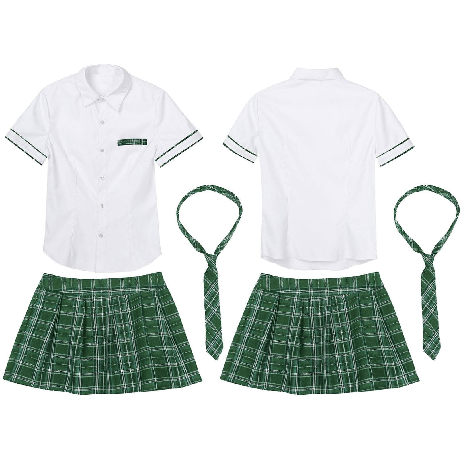3Pcs Womens Schoolgirl Cosplay Costume School Uniform Short Sleeve Shirt with Plaid Skirt and Tie Set 4XL green