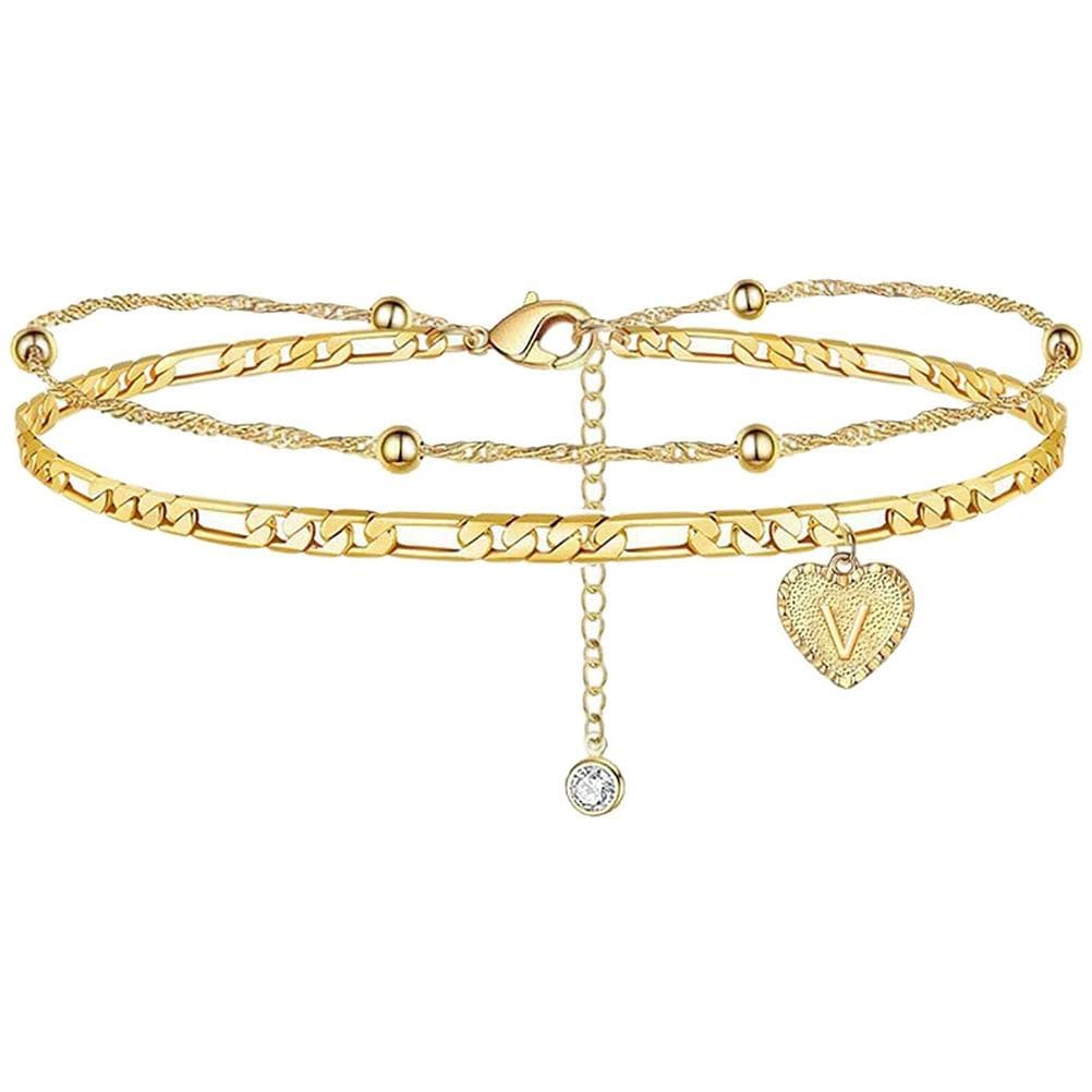 Beach Anklet for Women 26 Letters Heart Initial Anklet Handmade Dainty Layered Letter Initial Heart