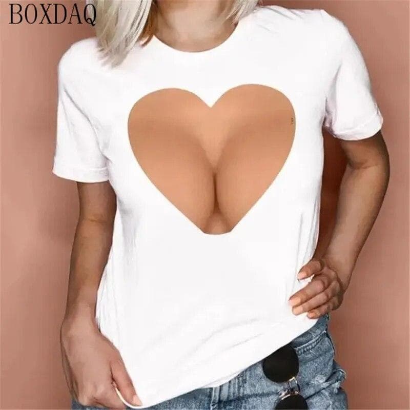 Women Summer Cool T-Shirts Sexy Perspective 3D boobs Print Short Sleeve Ladies T Shirt Summer O-Neck Breast Pattern Street Tops 3XL
