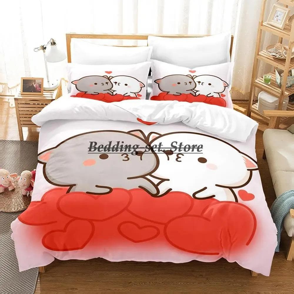Lovely Peach Cat Bedding Set Cartoon Comforter Sets Double Queen King Twin Full Size Duvet Cover Set Kids Girls White Bed Linen EU Twin 135x200cm