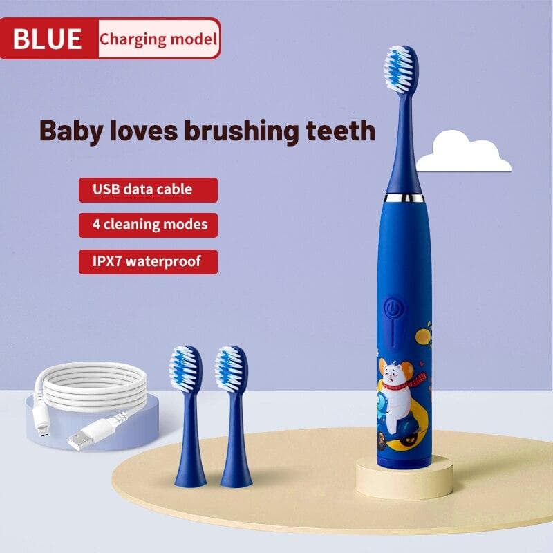 Children's Electric Toothbrush Colorful Cartoon With Replacement Heads Ultrasonic Rechargeable Teeth Cleaning Brush For Kids blue