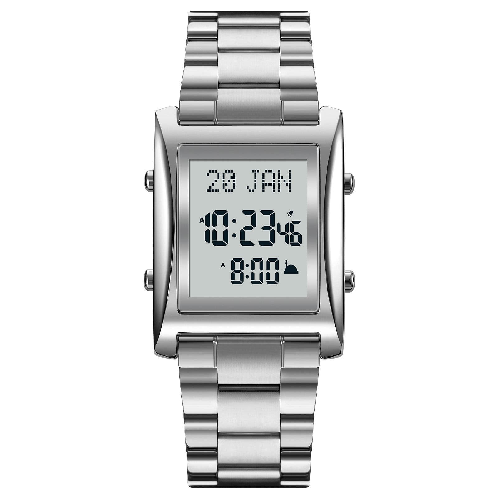 SKMEI 1815 Muslim Digital Watch for Prayer Qibla Compass Hijri Calendar Quran Bookmark City silver